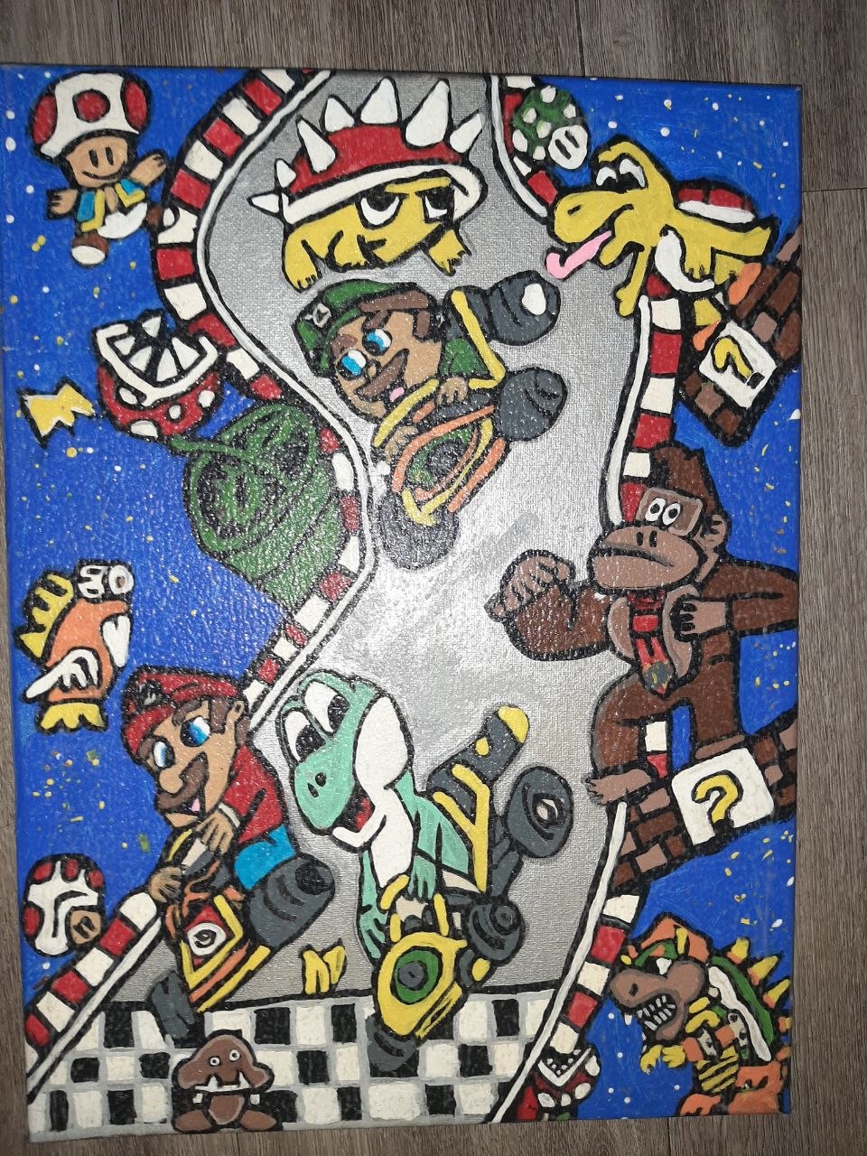 Freehand hand-painted Mario Kart canvas: chaotic race with Mario, Luigi, Bowser, Donkey Kong, Lakitu, and Spiny Shell on starry blue background