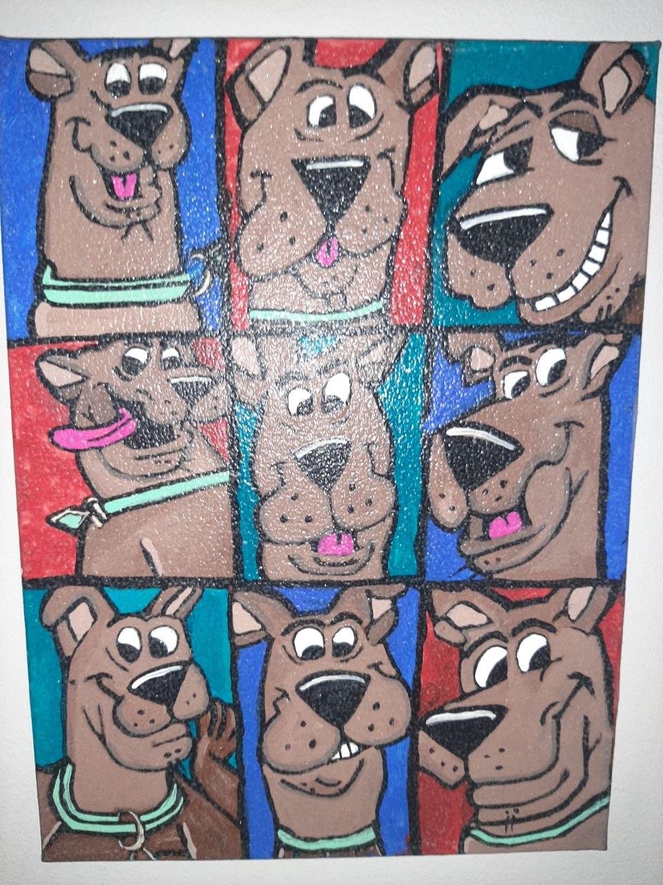 Freehand pop-art 3x3 Scooby-Doo expression grid, thick black outlines, red/blue/teal panels