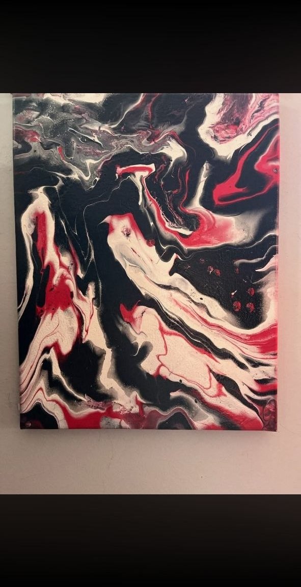 Untitled black/white/red fluid art with silver cellular center