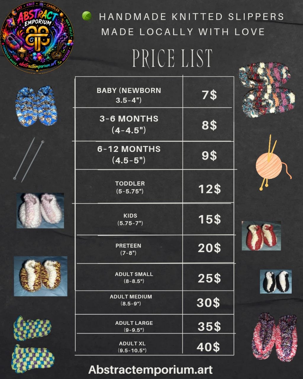 Slippers pricing chart — prices for babies through XL adults